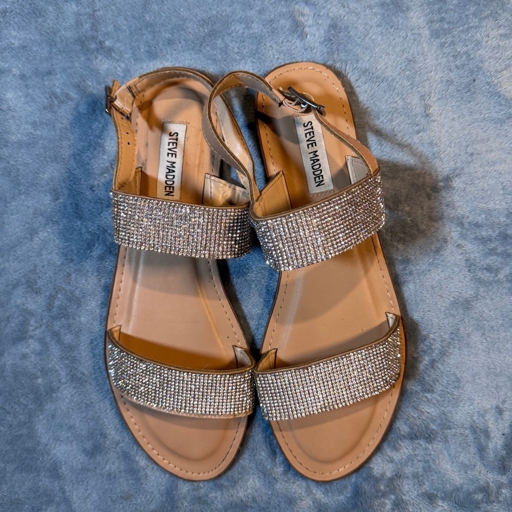 Steve Madden Marisa Sandal 10M Gold Rhinestone Double Strap Ankle Buckle